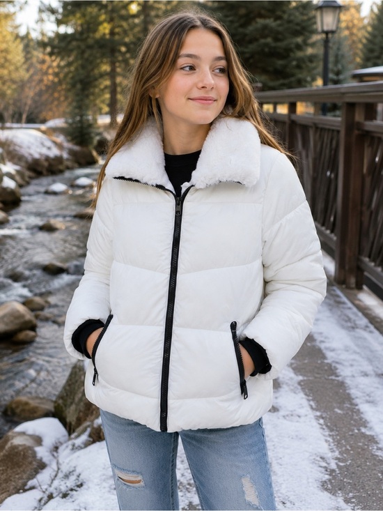 Steve Madden Other - Steve Madden Girls White Puffer Jacket | Faux Fur Coat | Large Zip Front Jacket